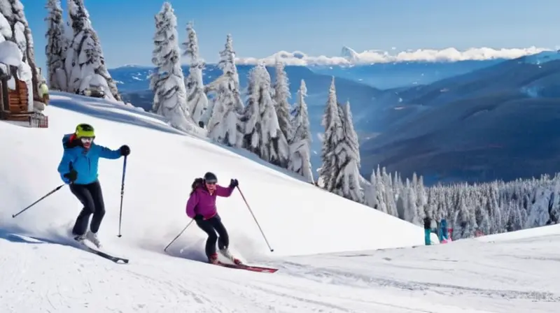 Un animado resort de esquí con montañas nevadas, esquiadores felices y chalets acogedores bajo un cielo azul