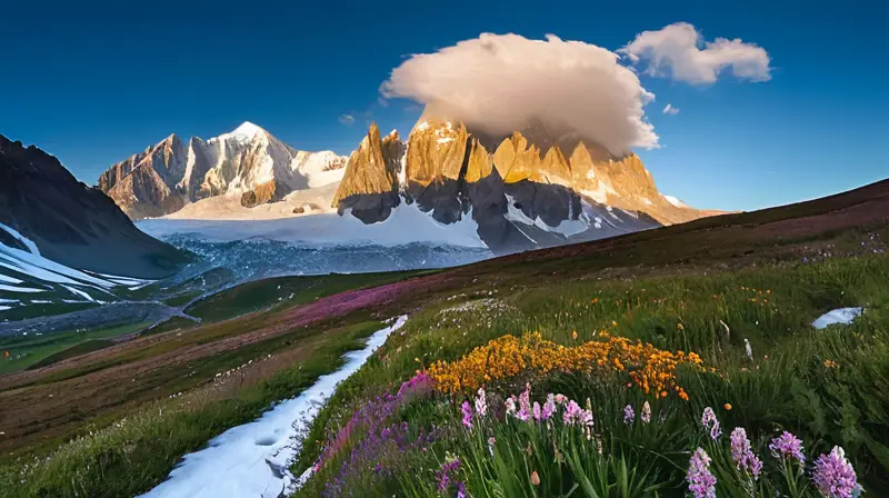 El majestuoso Mont Blanc, cubierto de nieve, se eleva contra un cielo azul, rodeado de valles verdes y montañas distantes