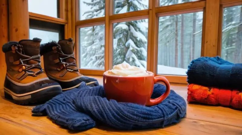 Una acogedora cabaña con luz solar, equipo de nieve ordenado, un mapa de senderos, una taza de chocolate caliente y un ambiente cálido y alegre