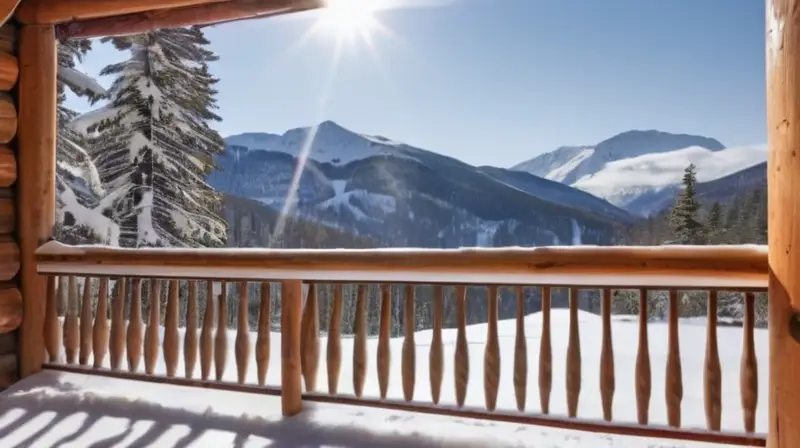 Una acogedora cabaña de madera rodeada de nieve y pinos, con luz cálida, un muñeco de nieve y equipo de esquí, evoca una sensación de calidez y aventura en el aire frío