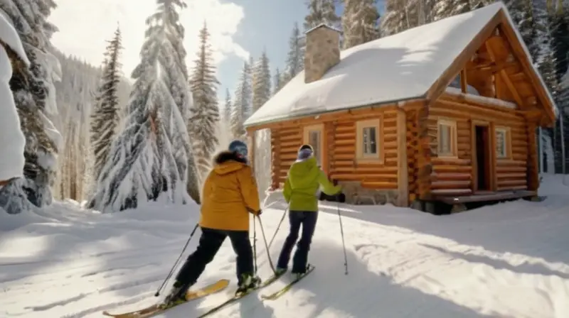 Un paisaje nevado con un acogedor refugio, amigos riendo y disfrutando del invierno bajo un cielo azul