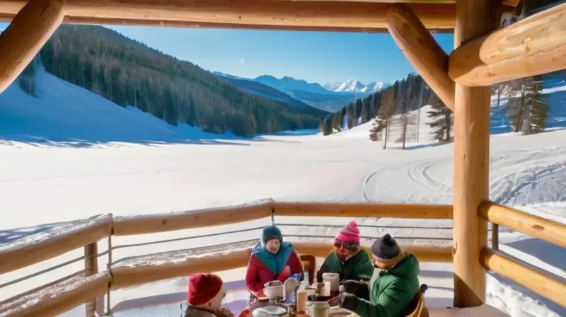 Un paisaje invernal con montañas nevadas, un chalet rústico, esquiadores en acción y un ambiente acogedor de après-ski