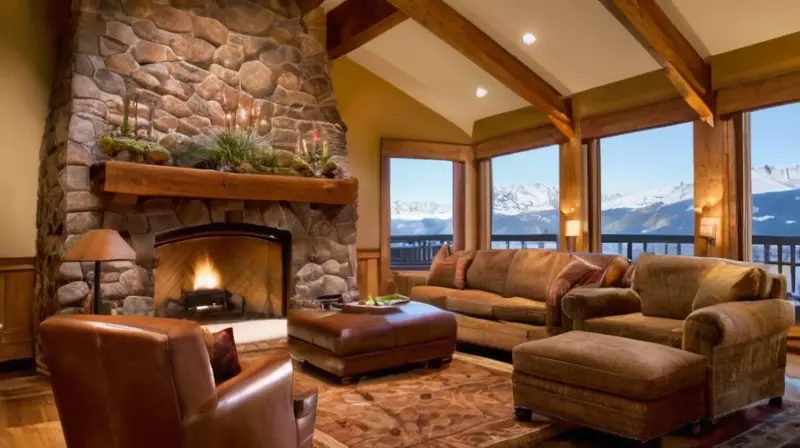 Lobby de hotel acogedor con chimenea, vistas a montañas nevadas y decoración rústica