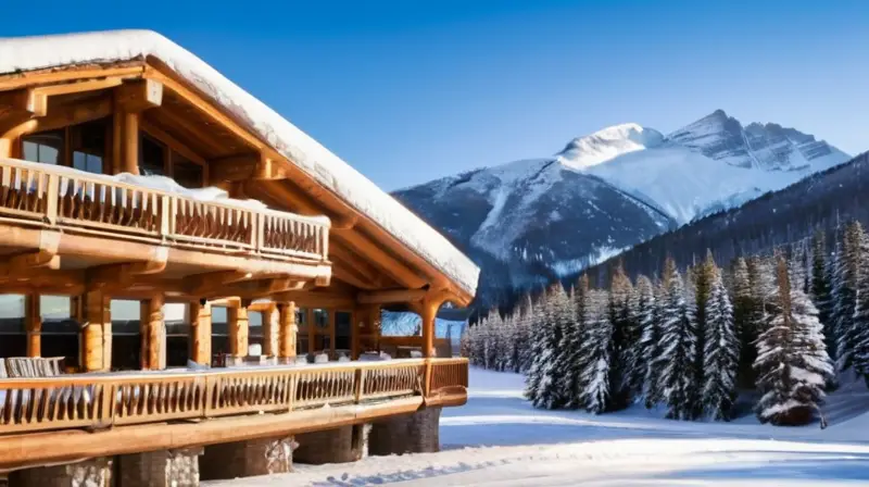 Un paisaje invernal con montañas nevadas, un acogedor hotel y esquiadores disfrutando de la nieve