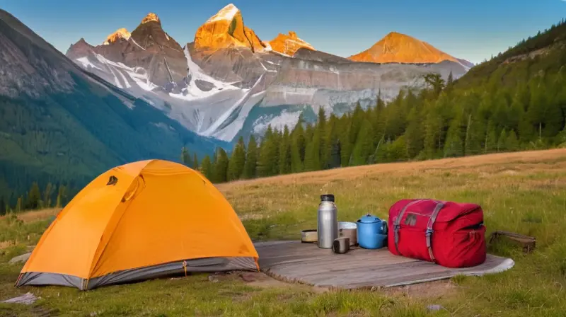 Un paisaje montañoso con picos nevados, valles verdes, un camino de tierra, una tienda de campaña, un fogón, equipo de camping y un ambiente de tranquilidad y aventura