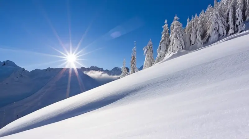 Un paisaje invernal con una pista de esquí cubierta de nieve, montañas al fondo y equipo esquiador disperso