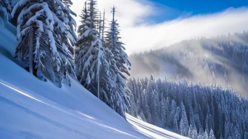 Un paisaje invernal con nieve, montañas, esquiadores lejanos y una atmósfera de vida y pérdida