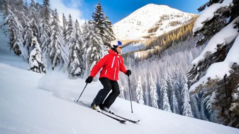 Una pista de esquí nevada con esquiadores coloridos, árboles altos, un salto emocionante y un ambiente que mezcla aventura y precaución