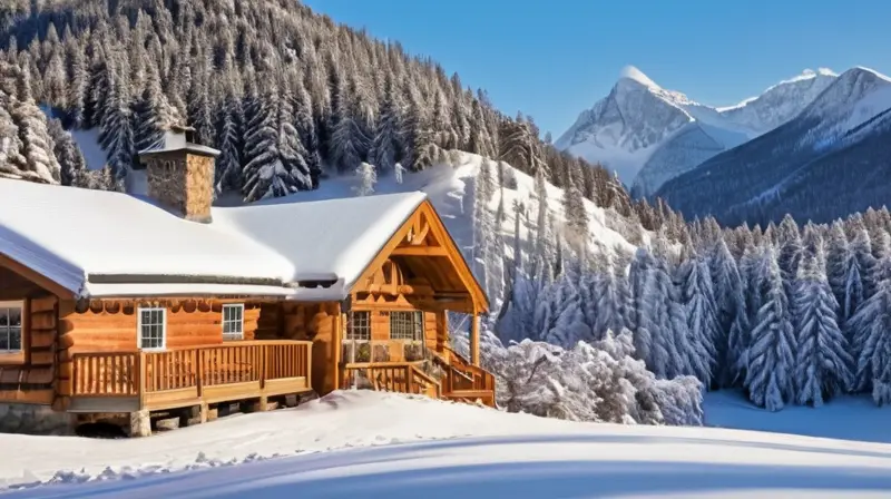 Un paisaje montañoso cubierto de nieve, lleno de niños jugando, familias reunidas y un ambiente acogedor bajo un cielo azul