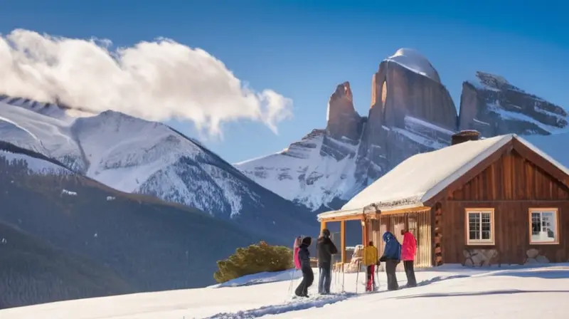 Un grupo de personas con ropa de invierno disfruta de un paisaje montañoso nevado, rodeado de árboles helados y un acogedor lodge que emite luz cálida