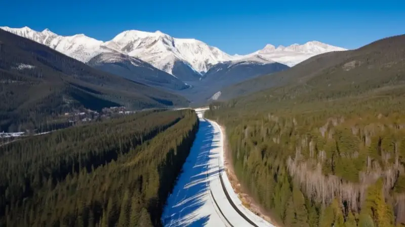 Un avión pequeño se aproxima a una pista en un paisaje alpino con montañas nevadas y árboles densos