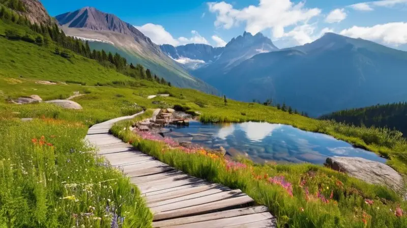 Un paisaje montañoso sereno con valles verdes, picos nevados, aguas turquesas y una atmósfera tranquila que invita a la relajación