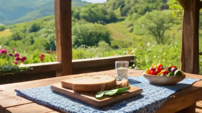 Un paisaje idílico con montañas verdes, luz suave, flores silvestres, una mesa rústica con delicias locales y un ambiente acogedor