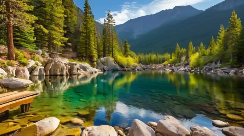 Un paisaje sereno de aguas termales cristalinas rodeado de montañas, pinos y flores silvestres