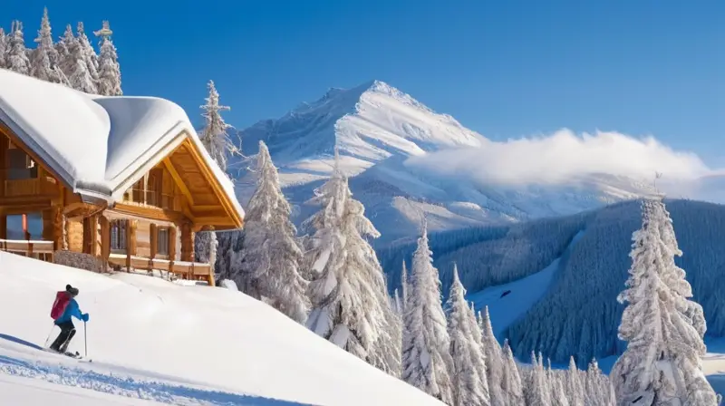 Un paisaje invernal sereno con esquiadores, árboles cubiertos de nieve, un chalet acogedor y niños jugando en la nieve