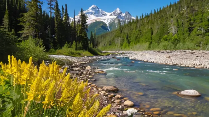 Un paisaje natural impresionante con montañas nevadas, bosques verdes, lagos glaciares, vida silvestre y totems nativos