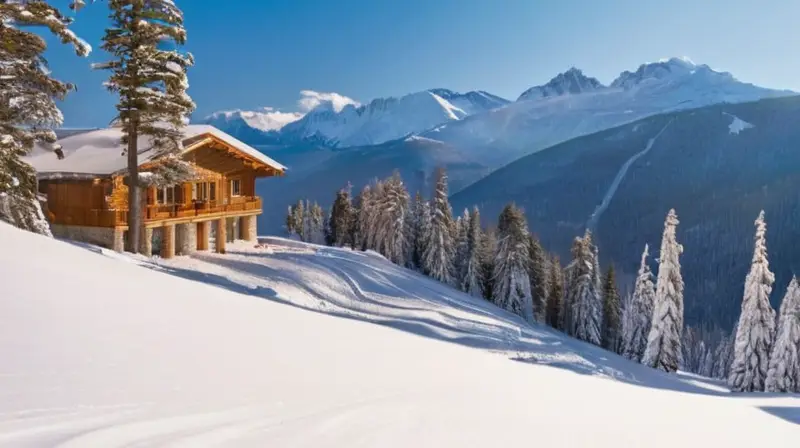 Un refugio acogedor en un paisaje invernal de montañas nevadas y naturaleza serena