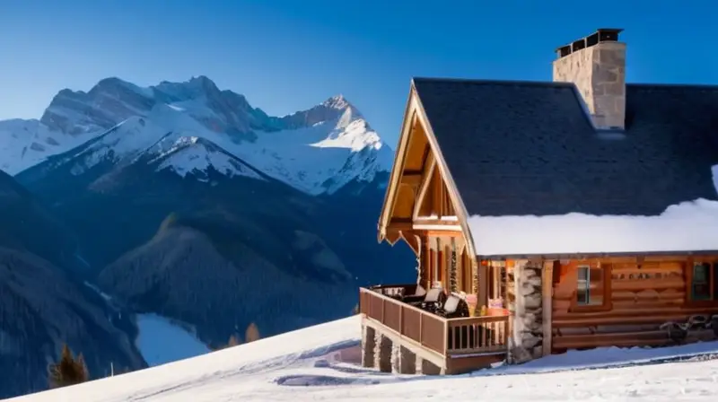 Un acogedor chalet de madera rodeado de montañas nevadas y esquiadores, bajo un cielo azul y soleado