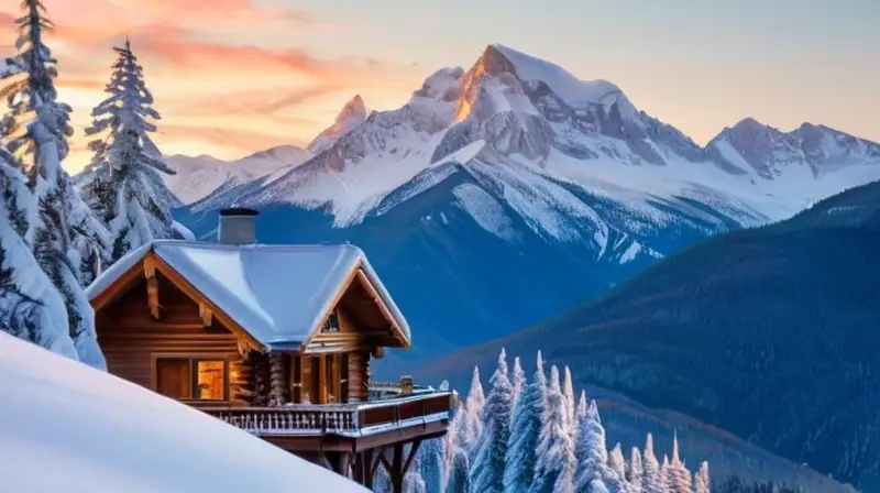 Un paisaje invernal sereno con montañas nevadas, un acogedor chalet y esquiadores disfrutando de la nieve