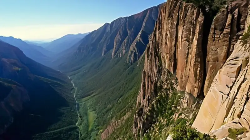 Un paracaidista en traje de alas vuela sobre un paisaje montañoso impresionante, con acantilados y vegetación, mientras la luz del sol resalta la belleza y el peligro de la aventura