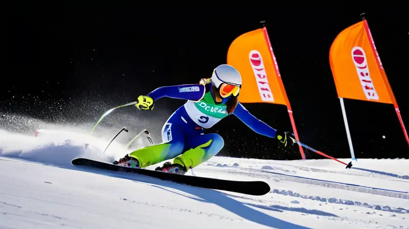 Es una emocionante competición de esquí nocturno en una pista nevada, llena de energía y color