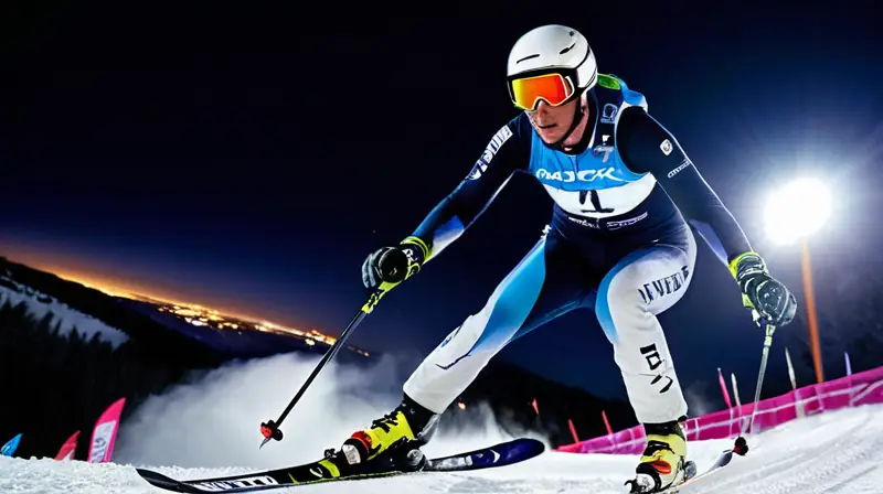 Un esquiador en un traje brillante compite en una montaña nevada iluminada, rodeado de un público emocionado bajo un cielo estrellado