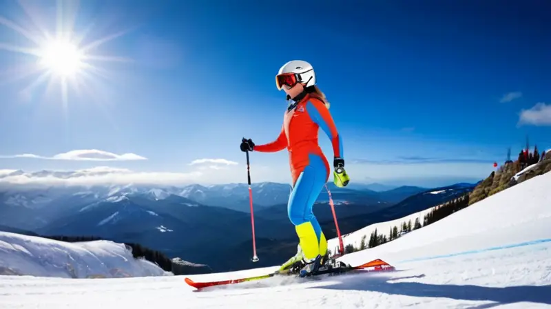 Alice Robinson esquiando en una montaña nevada bajo un cielo azul, con un traje ajustado y una pose dinámica que refleja velocidad y emoción