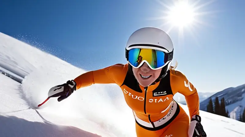 Alice Robinson esquiando en una montaña nevada bajo un cielo azul, con un traje ajustado y una expresión de concentración y emoción