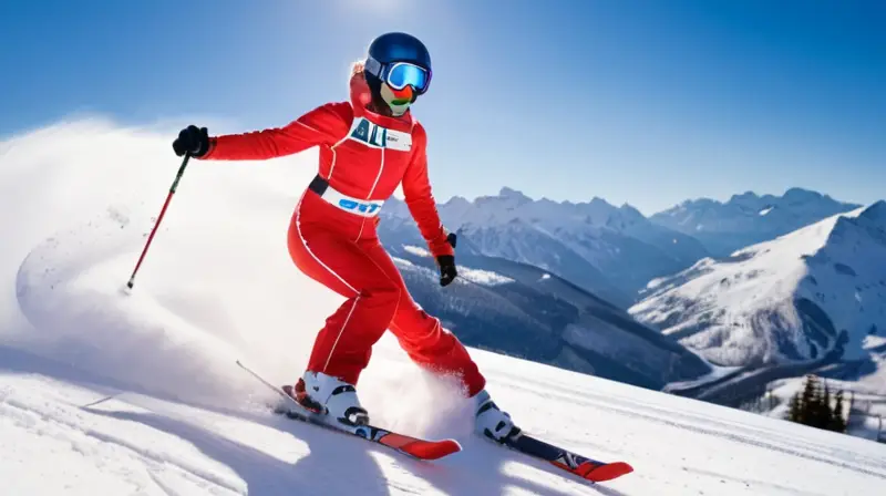 Alice Robinson esquiando en una pendiente nevada bajo un cielo azul, rodeada de montañas y espectadores emocionados