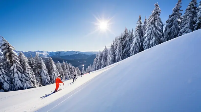 Un paisaje invernal vibrante con esquiadores en una pista nevada bajo un cielo azul y árboles altos