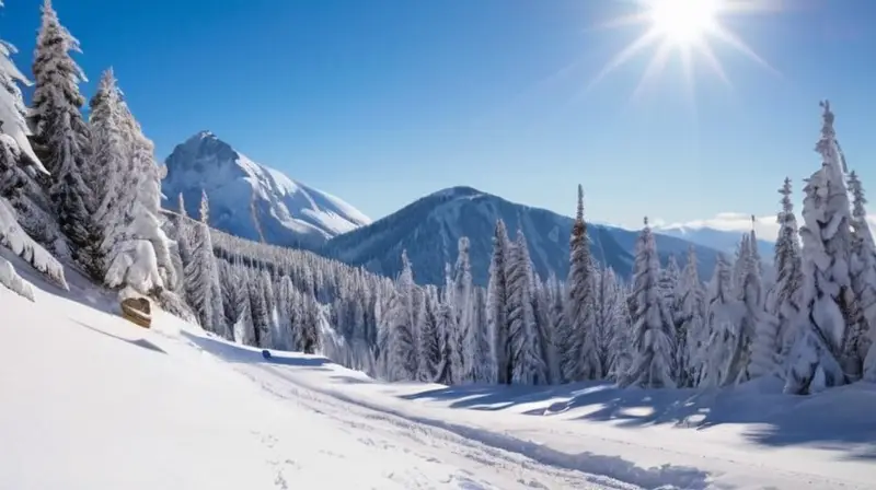 Un paisaje montañoso nevado con un cielo azul, esquiadores coloridos y un ambiente vibrante que invita a disfrutar de la temporada