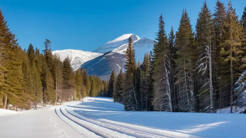 Un paisaje alpino cubierto de nieve, con esquiadores en movimiento, árboles altos y montañas distantes bajo un cielo azul