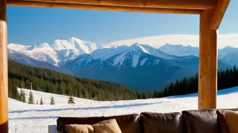 Un paisaje invernal con montañas nevadas, esquiadores coloridos y cabañas humeantes bajo un cielo azul