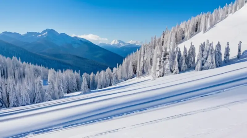 Un paisaje invernal vibrante con esquiadores en acción, montañas majestuosas y cabañas acogedoras bajo un cielo azul