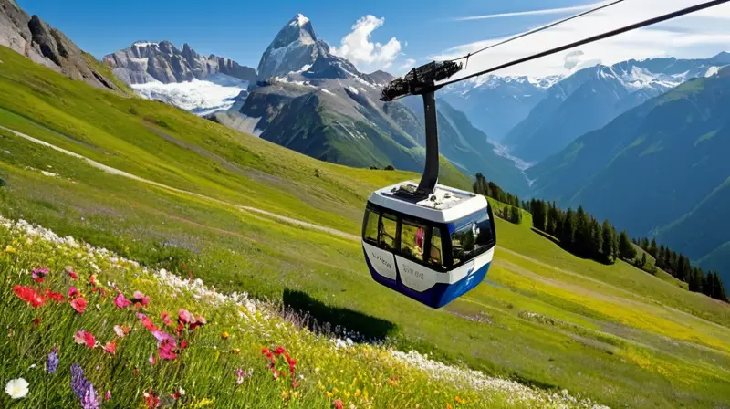 Un paisaje alpino vibrante con praderas verdes, flores silvestres, picos nevados, un teleférico en movimiento y esquiadores en acción