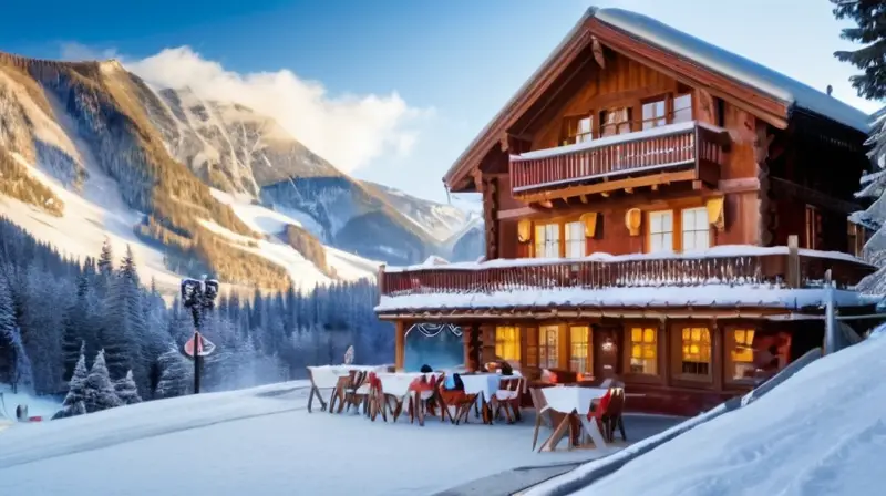 Un encantador pueblo alpino cubierto de nieve, con majestuosas montañas, esquiadores coloridos y un ambiente cálido y acogedor