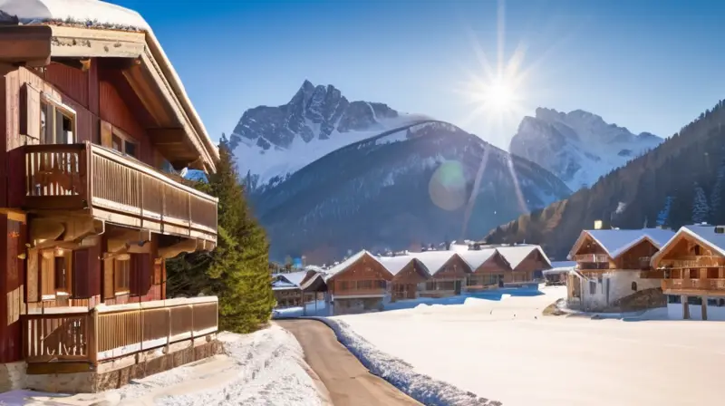 Un encantador paisaje invernal con montañas nevadas, un pueblo alpino y esquiadores en un ambiente acogedor