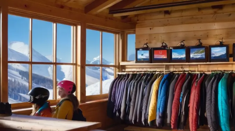 Un animado paisaje invernal muestra montañas nevadas, un cielo azul, tiendas rústicas con equipo de esquí colorido y un ambiente acogedor