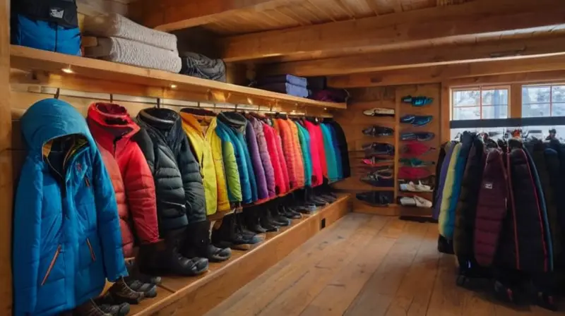 Una acogedora tienda de alquiler de esquís con un ambiente cálido, decorada con chaquetas de colores, botas usadas y un personal amable, todo en un entorno que invita a la aventura