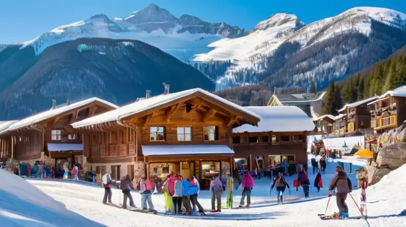 Una animada estación de montaña con esquiadores, chalets rústicos, y un ambiente festivo bajo un cielo azul