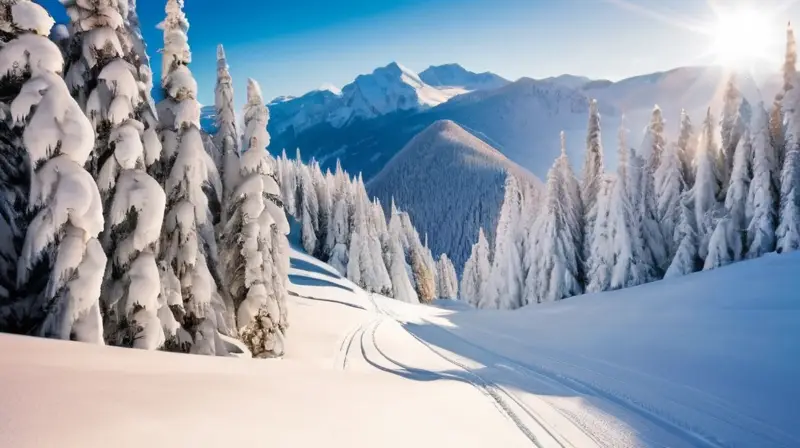 Un paisaje invernal de montañas cubiertas de nieve, esquiadores en acción y un ambiente vibrante y sereno