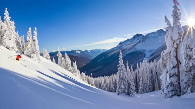 Un paisaje invernal con esquiadores en acción sobre nieve brillante, montañas imponentes y un cielo azul