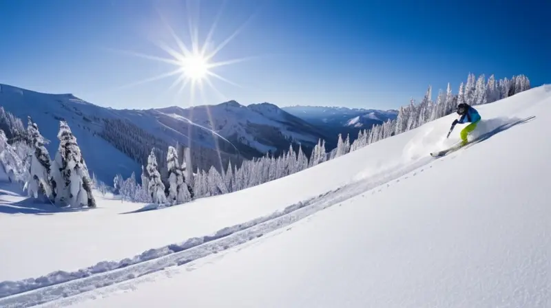 Un paisaje invernal de la Sierra Nevada muestra esquiadores en acción sobre nieve fresca