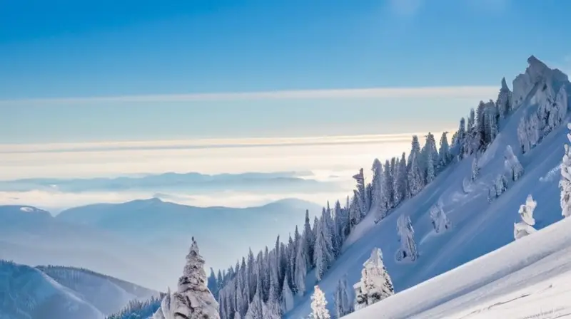 Un paisaje de Sierra Nevada muestra picos nevados, cielos azules, esquiadores en colorido equipo y la belleza natural de las montañas