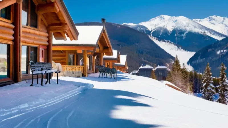 Un paisaje invernal vibrante con esquiadores, cabañas acogedoras y montañas majestuosas bajo un cielo azul