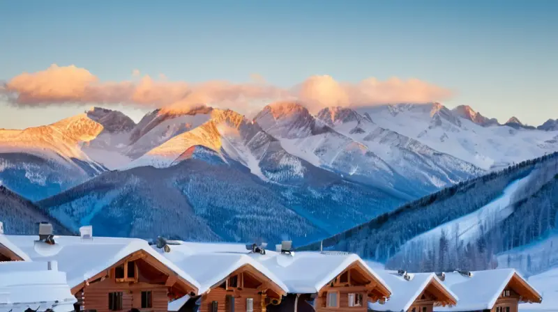 Un paisaje invernal con montañas nevadas, esquiadores coloridos y cabañas humeantes bajo un cielo azul brillante