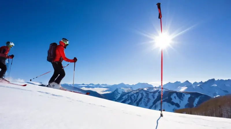 Un par de elegantes bastones de esquí rojos y negros brilla bajo el sol, con un fondo de montañas nevadas y esquiadores en movimiento