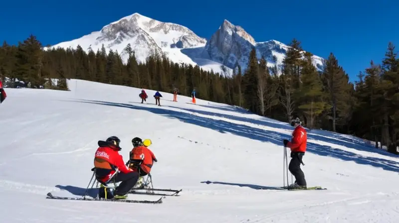 Un paisaje alpino cubierto de nieve refleja una atmósfera trágica y solemne, con rescatistas en acción bajo un cielo azul