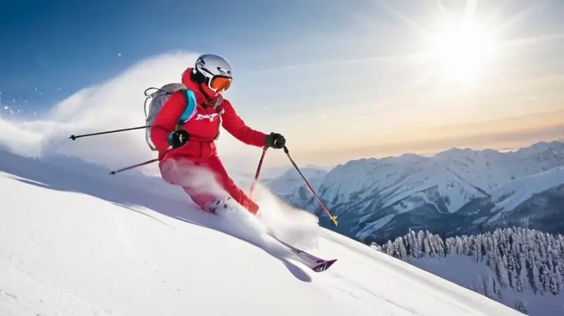 Una freerider en traje rojo salta en una montaña nevada bajo un cielo azul, rodeada de pinos y picos distantes, transmitiendo libertad y conexión con la naturaleza