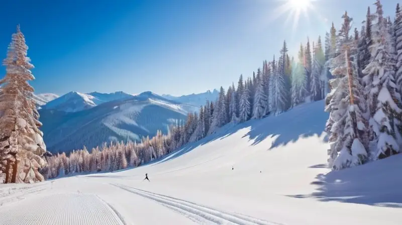 Un paisaje invernal vibrante con esquiadores en acción, montañas distantes y cabañas acogedoras bajo un cielo azul